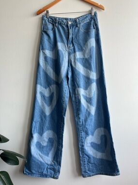 Blue Heart-Print Wide Leg Jeans Womens Sz 6 Y2K Spring Summer